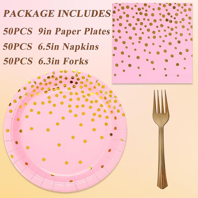150 PCS Pink and Gold Paper Plates Napkins Forks Party Supplies Serves 50, Golden Dot Disposable Paper Dinnerware 9" Plates for Birthday, Bachelorette, Girl Birthday, Baby Shower