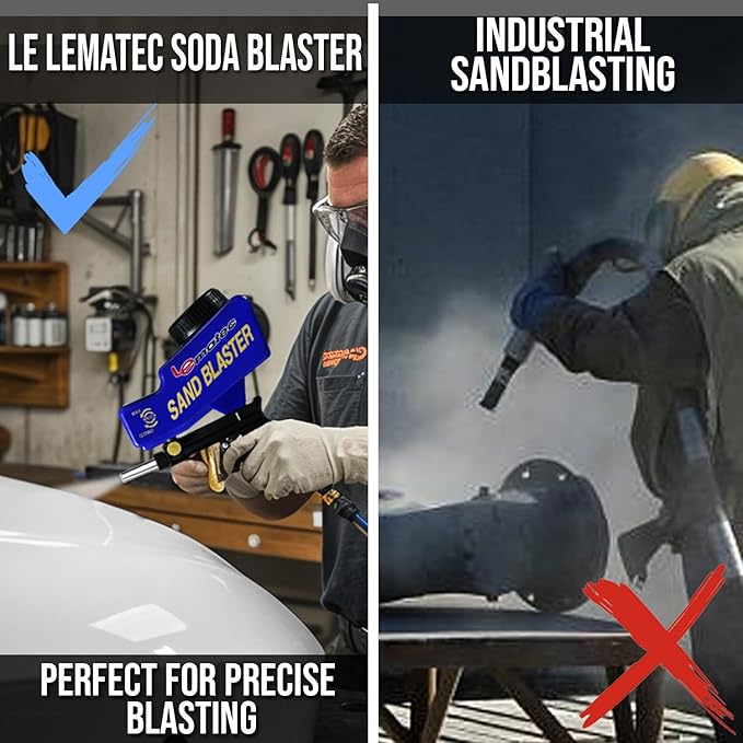 LE LEMATEC Sand Blaster Gun Kit for Air Compressor - Portable Sandblaster for Paint & Rust Removal, Metal, Wood, Auto Surface Prep, Works with Soda Sand Walnut Media, 150 PSI Gravity-Fed