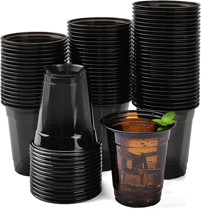 200 Pack Black Clear Plastic Cups 12 oz Disposable Drinking Cups for Wedding Pink Birthday Party Supplies