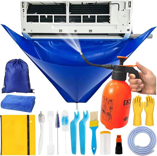 Oiktylr 18Pcs Mini Split Cleaning Kit Bag with 2L Pressure Sprayer, PVC AC Cleaning Cover, Waterproof Air Conditioner Cleaning Bib, HVAC Minisplit Cleaning Kit with Storage Bag (Large)