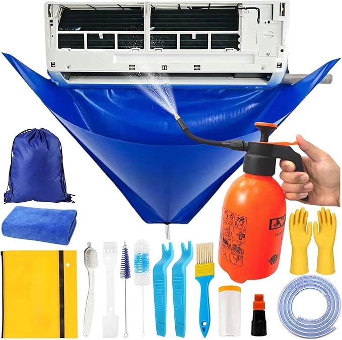 Oiktylr 18Pcs Mini Split Cleaning Kit Bag with 2L Pressure Sprayer, PVC AC Cleaning Cover, Waterproof Air Conditioner Cleaning Bib, HVAC Minisplit Cleaning Kit with Storage Bag (Small)