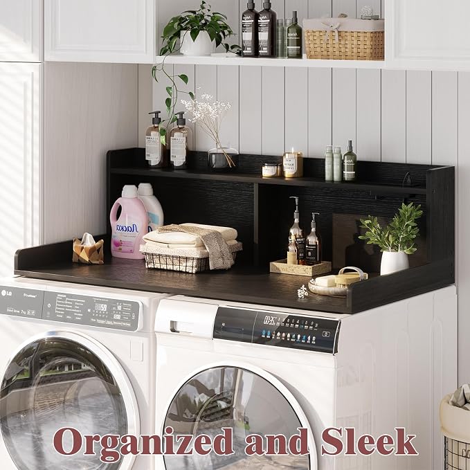 Aheaplus Washer and Dryer Countertop, 2-Tier Laundry Countertop Cover with LED Lights and Power Strip, Large Space Laundry Topper with Shelf for Laundry Room Organization, Black