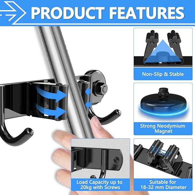 3-H Magnetic Broom Holder Wall Mount 2 Pack, 2-in-1 Dual Mount (No Drill or Screw Fix), 304 Stainless Steel Heavy Duty Magnet Mop Broom Organizer for Kitchen Garden Garage(3 Racks & 4 Hooks,Black)