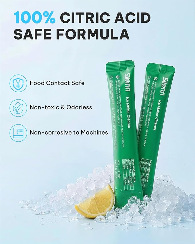 Silonn Ice Maker Cleaner & Descaler | Fast Dissolving, Safe & Non-Toxic | 100% Pure Citric Acid Descaler Powder, 4 Individually Packaged Pouches, Compatible with All Ice Makers & Coffee Machines