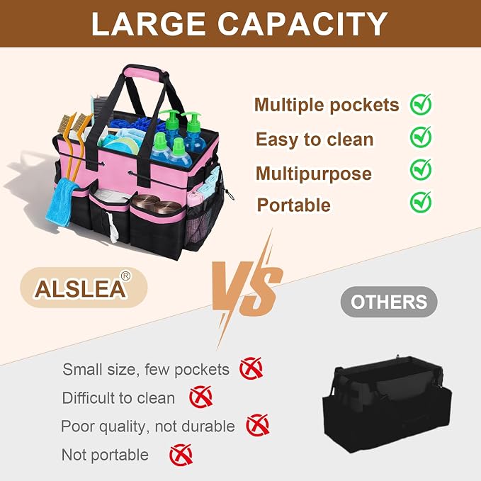 ALSLEA Large Cleaning Caddy Bag - 15" x 10.5" x 9" Heavy-Duty Organizer Tote for Housekeepers, Janitors & Home Cleaning Supplies with Adjustable Shoulder Strap & Multiple Pockets (Pink)