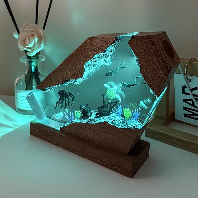 Octopus Resin Lamp, Handcrafted RGB Ocean Lamp with Wooden Base,Octopus Decor for Bedroom, Scuba Diving Gifts for Him & Her, Unique Birthday & Holiday Gifts (S 6"X4")
