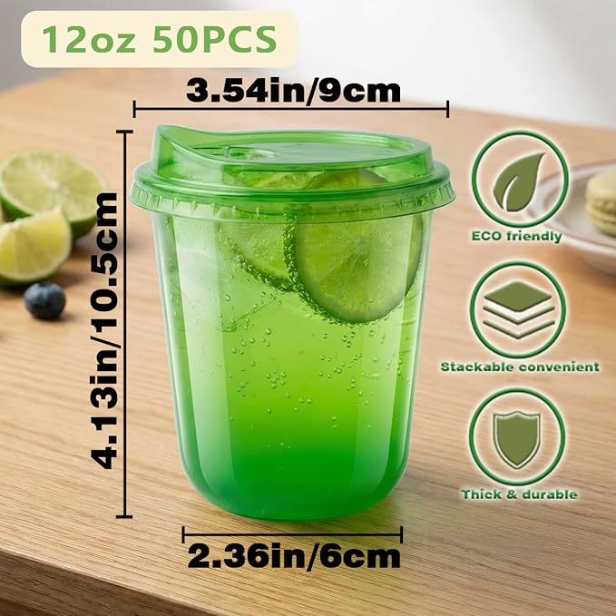 12oz Disposable Stemless Glasses With Strawless Sip Lids,PET Disposable Drinking Cups,Clear Plastic Wine Glasses for Parties Birthday,Wedding,Meeting,Christmas Party Supplies. (50, Green)