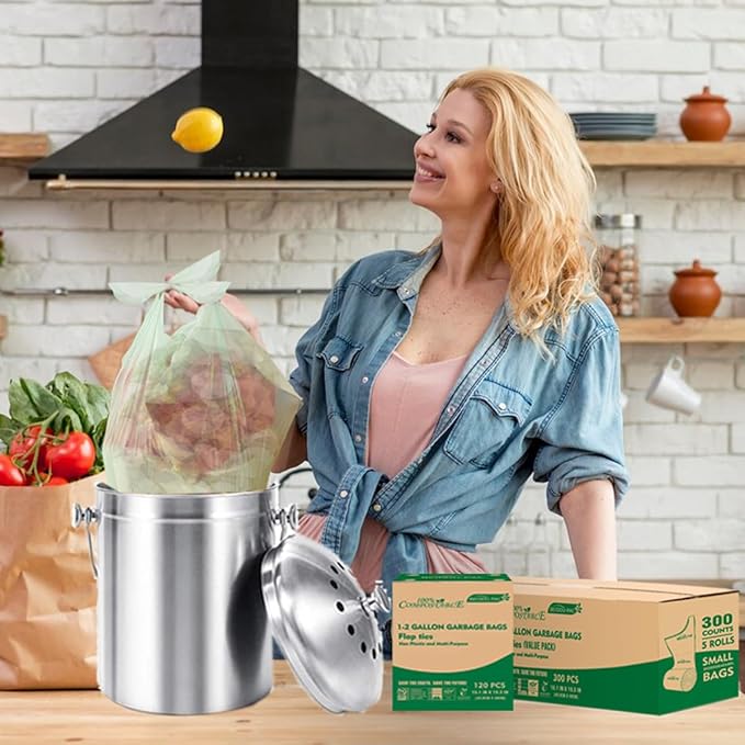 BEIDOU-PAC 1-2 Gallon Flap Tie Compostable Trash Bags, 300 Count Small Compost Bags, Biodegradable Kitchen Garbage Bags, Food Scrap Waste Bags for Countertop Bin, ASTM D6400, US BPI Certified