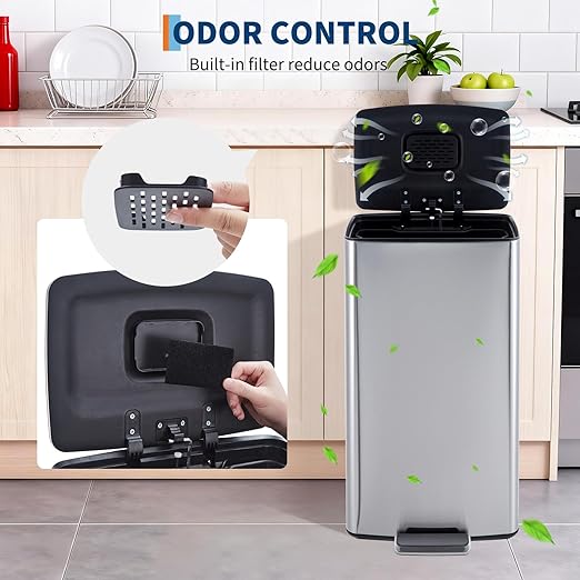 Garvee 40L / 10.6 Gal Kitchen Trash Can, Stainless Steel Garbage Can with Soft Close Lid, Rectangular Waste Bin with Filter, Removable Inner Bucket and Foldable Foot Pedal for Bathroom Home Office