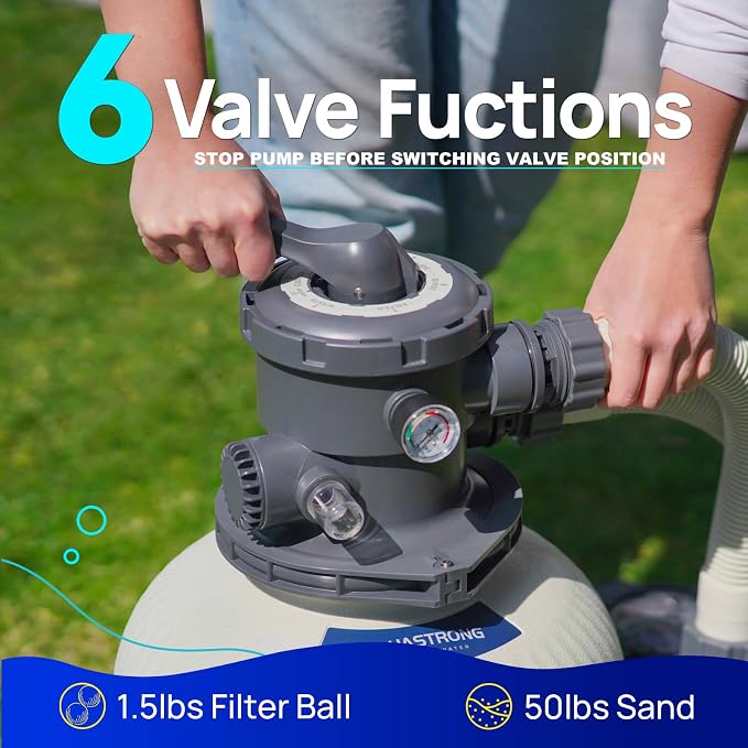 AQUASTRONG Sand Filter Pump for Above Ground Pool, 1/2 HP Pool Pump Above Ground 2500 GPH for Pools up to 9000GAL, 12in Pool Sand Filter with 6-Way Valve, Improved Circulation for Crystal-Clear Pool