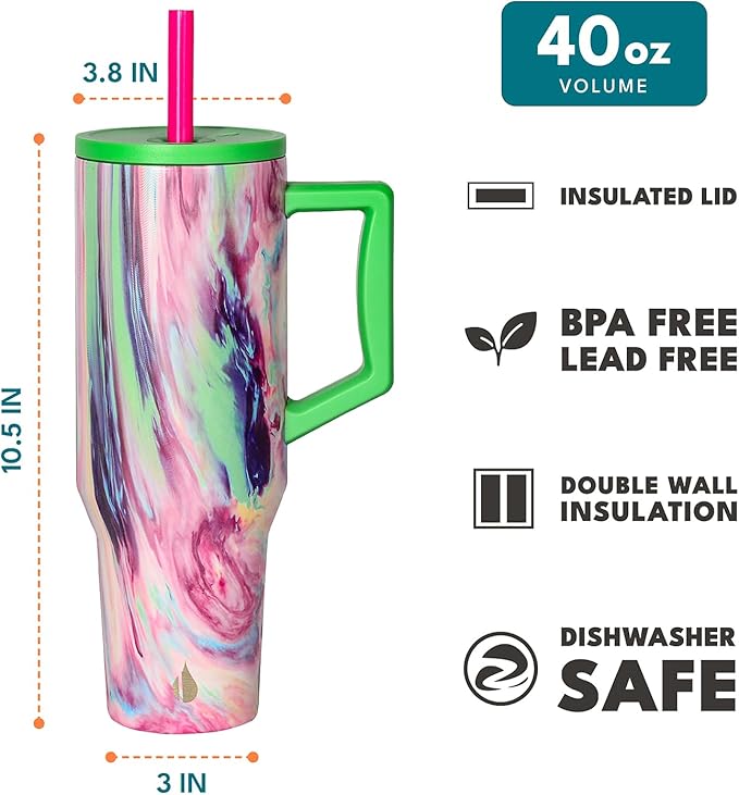 Elemental 40 oz Tumbler with Handle and Straw - Spill Proof Insulated Stainless Steel Commuter for Cold Beverages - Travel Coffee Mug with 2 Straws & Spill Proof Lid - 40oz - Aurora Dream