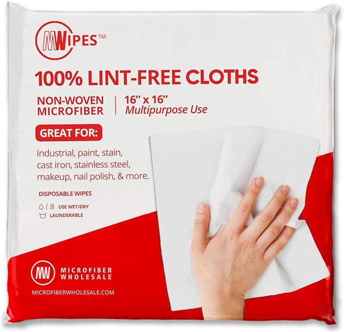 Mwipes Lint Free Cloth - 16" x 16" 50 Pack, Highly Absorbent Disposable Microfiber Cleaning Cloths for Industrial, Staining, Cast Iron, Woodworking, Personal Care, Optical, Electronics