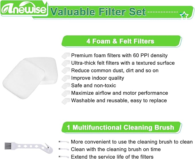 Anewise 4 Pack UV850 UV900 Filter Replacement for Shark Performance Lift-Away UV900 UV850 UV950 DuoClean PowerFins Detect LA490 LA491 LA492 Upright Vacuum, Part XFFK602UKT Foam & Felt filters