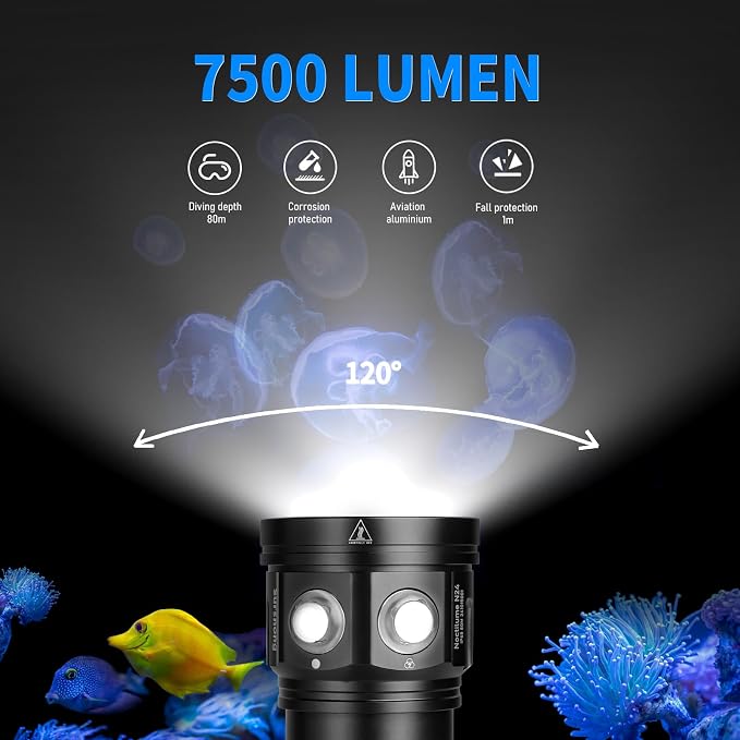 Noctilume N24 7500 Lumens Dive Light - Professional Underwater Video Light with 90 CRI, 6500K White Light, for Scuba Diving/Underwater Photography/Videography (IP68 Waterproof, 80m Depth)