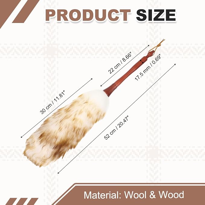 uxcell Wool Duster, 20.5" Natural Feather Cleaner Household Cleaning Duster with Solid Wooden Handle for Cleaning Fans Window Blinds Shelves Furniture, White Coffee