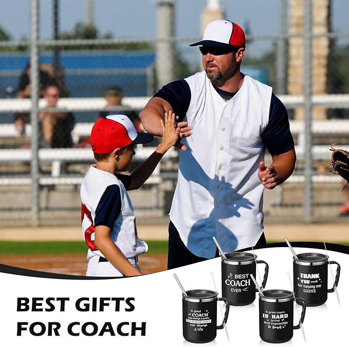 Uiifan 4 Sets Thank You Gifts for Coach Christmas 16 oz Coach Cup with Handle Straw Lid Straw Brush Stainless Steel Insulated Sports Team Coffee Mug for Xmas Appreciation Retirement Gift(Black)