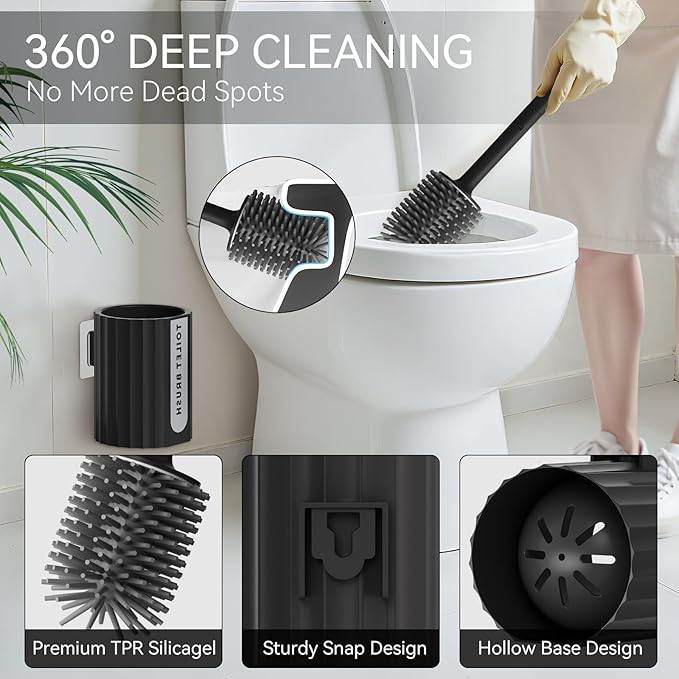 Stainless Steel Bathroom Trash Can and Toilet Brush Set,1.6 Gallon Small Trash Bin with Press Type Lid, Black Bathroom Sets with Shower Curtain and Liner for Bathroom