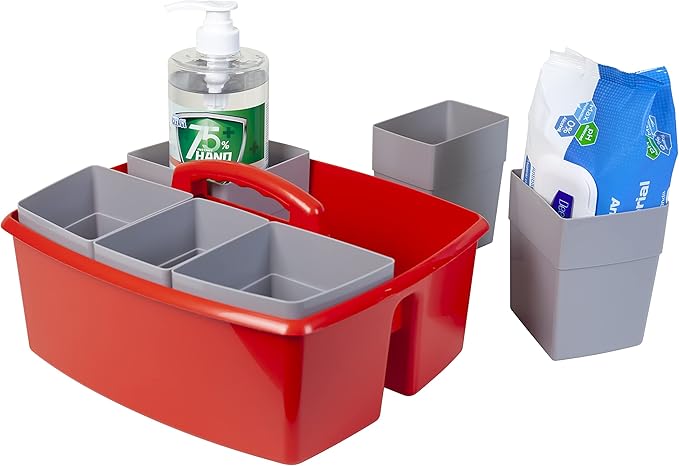 Storex Large Classroom Caddy with Cups, 13 x 11 x 6.575 Inches, Red, Case of 2 (00981U02C) (Pack of 2)