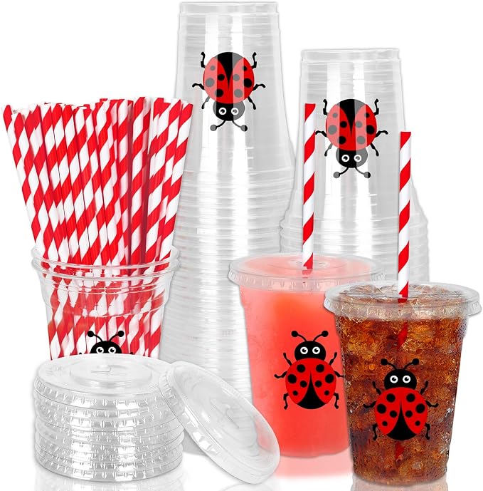 Whaline 50Pcs Ladybug Disposable Plastic Cups with Lids and Straws Cute Insect Cold Beverage Drinking Cups for Birthday Wedding Party Supplies