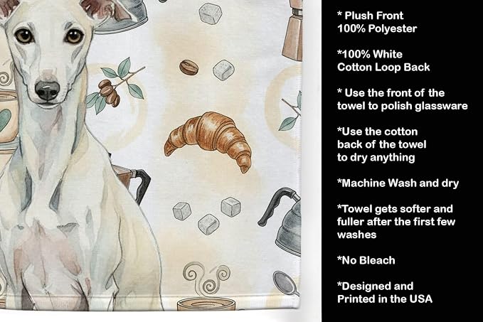 Caroline's Treasures White Whippet Coffee Bar Kitchen Towel Velour Plush Front and Cotton Loop Back Machine Washable