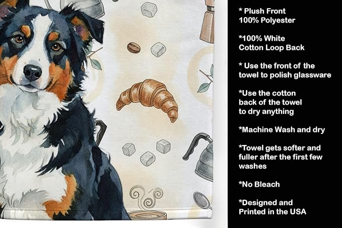 Caroline's Treasures Black Tri American Shepherd Coffee Bar Kitchen Towel Velour Plush Front and Cotton Loop Back Machine Washable