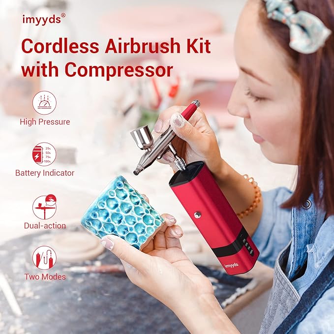 imyyds Airbrush Kit with Compressor, 32 PSI High Pressure Cordless Airbrush Gun, Portable Dual Action Airbrush Compressor Set, Handheld Mini Rechargeable Air Brushes for Painting, Model, Nail, Makeup