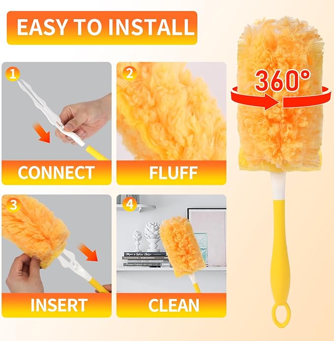 Heavy Duty 360° Duster Refills for Swiffer Duster, 2 Sided, 4X Microfibers, Disposable Multi Surface Dusters, 18 Count with 1 Handle