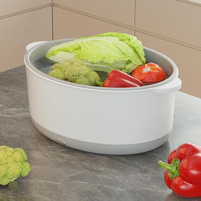 Fruit and Vegetable Washing Machine, Efficient Double Layer, Time-saving Electric Vegetable Cleaning Basket with Powerful Cleaning Device, ABS Material (White of Second