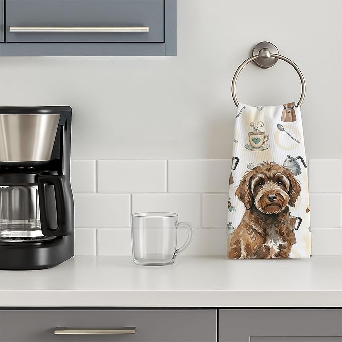 Caroline's Treasures Brown Portuguese Water Dog Coffee Bar Kitchen Towel Velour Plush Front and Cotton Loop Back Machine Washable
