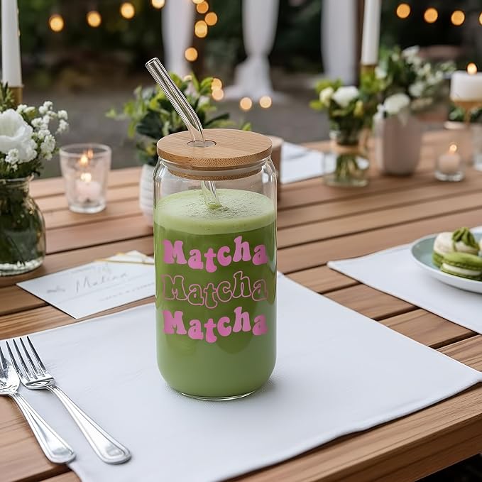 LemonRoad 2 Set 16oz Glass Matcha Cups with Reusable Straw and Bamboo Lid Gifts for Matcha Lovers Cute Pink Print Glass with Cleaning Brush Clear Can Shaped Tumbler for Iced Coffee Party Supply