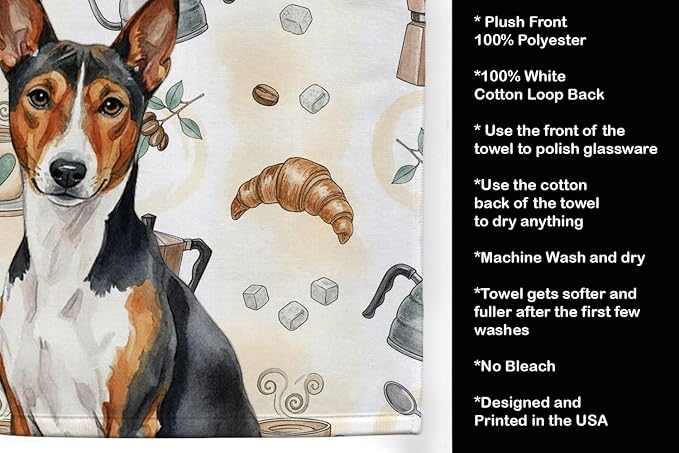 Caroline's Treasures Tricolor and White Basenji Coffee Bar Kitchen Towel Velour Plush Front and Cotton Loop Back Machine Washable