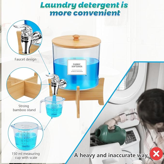 Laundry Detergent Dispenser*2 with Shelf & Bamboo Lid for Liquid Detergent, Laundry Soap Scent Booster & Fabric Softener Dispenser for Laundry Room Organization and Storage with 2 Cups & 20 Labels