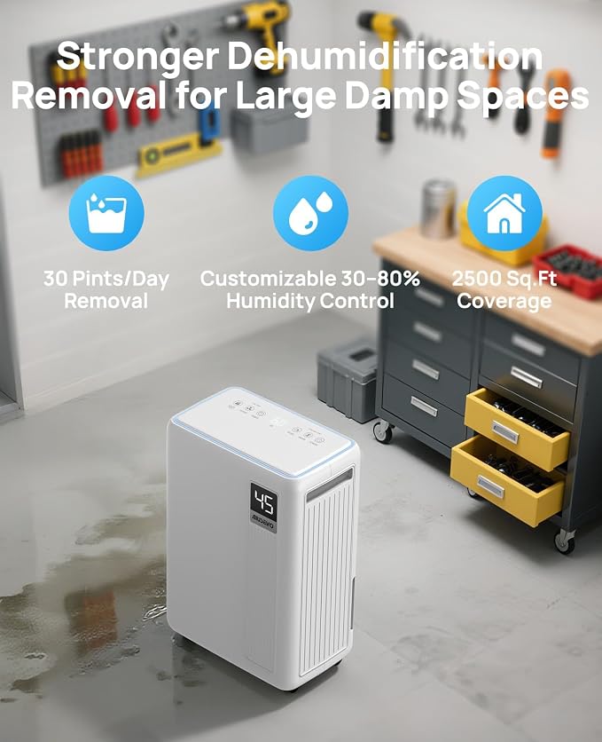 30 Pint Dehumidifier for Basement, 2500 Sq. Ft Dehumidifiers for Home with Drain Hose, 3 Modes, Smart Humidity Control, 24H Timer, 0.52 Gal Water Tank, for Whole House, Bedroom, Bathroom, Garage, Rv