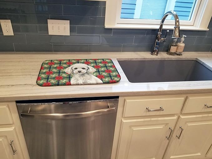 Caroline's Treasures Miniature White Poodle Christmas PoinsettIas Dish Drying Mat Absorbent Dish Drying Mat Pad for Kitchen Counter Dish Drainer Mat for Countertop, 14 x 21", Multicolor