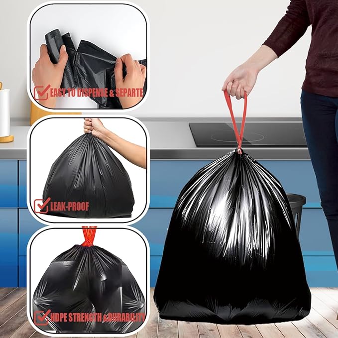 BEIDOU-PAC 8-10 Gallon Trash Bags Drawstring, 600 Count Bulk, Black & Unscented Multi-purpose Garbage Bags for Business Home Bathroom Kitchen Commercial and Industrial