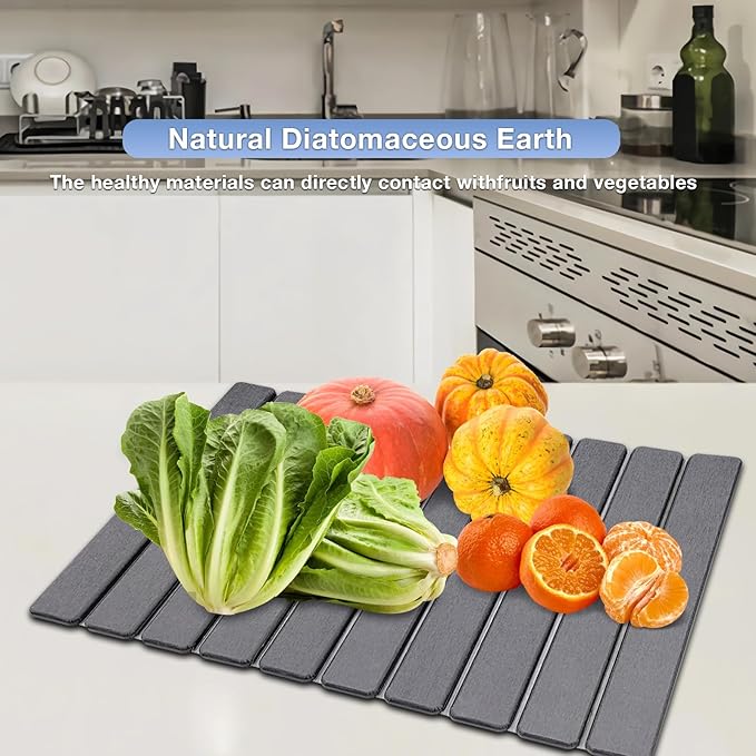 RAIN SPIRIT Large Stone Dish Drying Mat for Kitchen Counter, Diatomaceous Earth Quick Dry Stone Drying , Collapsible Dish Mat Dish Pads for Drying 24"×16" grey