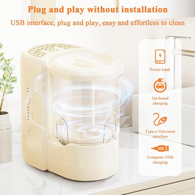 3-in-1 Electric Makeup Brush Cleaner & Mini Underwear Washing Machine & Makeup Brush Air Dryer with 2 Containers, Suitable for Cleaning Beauty Makeup Brush Set, Underwear and Socks, Beige
