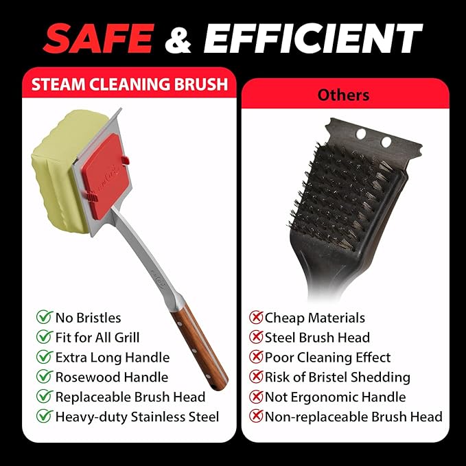 ENLOY Grill Brush for Outdoor Grill, Bristle Free Steam Grill Brush with Scraper, Replaceable Head, Safe Steam Cleaning 17'' Long Handle Grilling Accessories for Most Grills, Gifts for Men Dad Husband