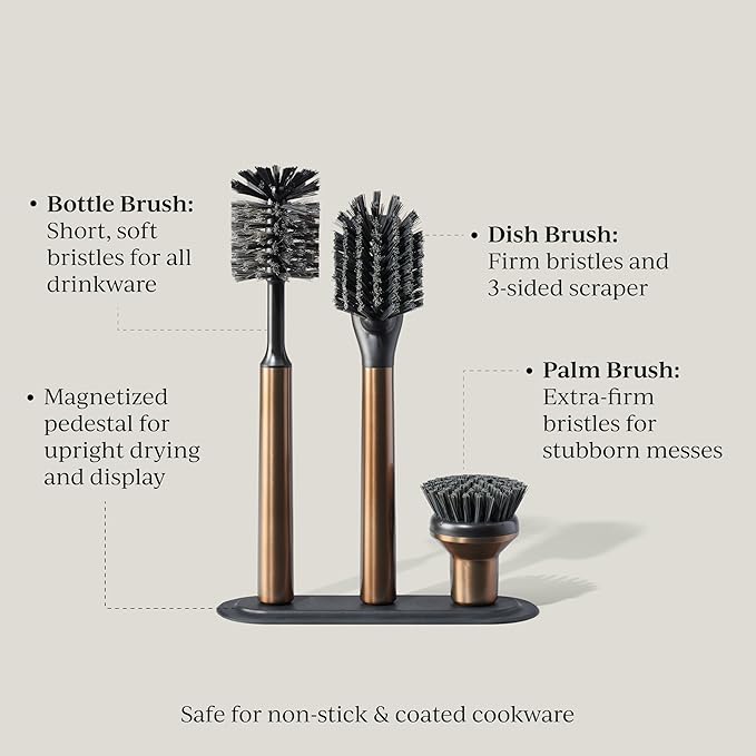 Curio Home Goods Ionic Brush Set, Magnetized to Stand Upright, Stainless Steel with Replaceable Heads, Bronze