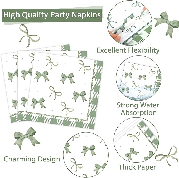 CHUNNIN 96Pcs Green Plaid Bow Spring Plates and Napkins Party Decorations Bow Theme Dessert Paper Plates Napkins Birthday Tableware Set for 24 Guests Girls Baby Shower Picnic BBQ Party Suppliess