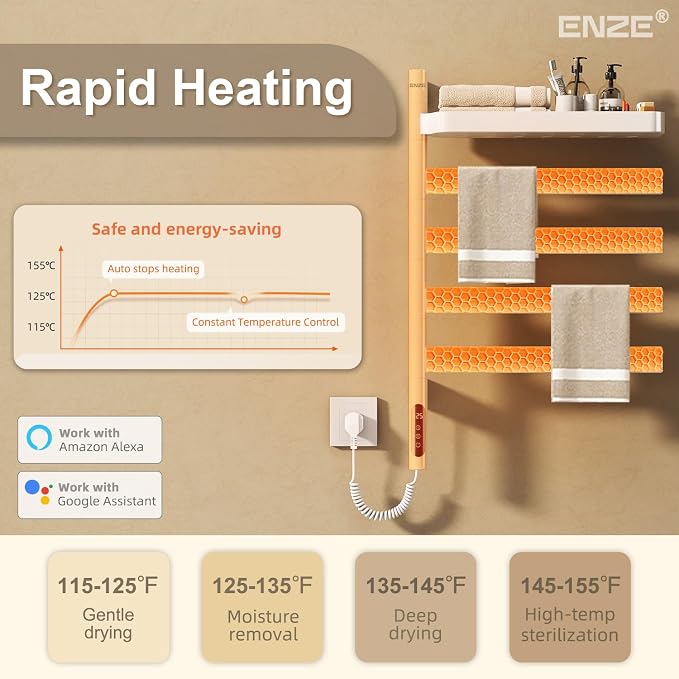 ENZE Smart Rotating Heated Towel Rack for Bathroom, 4-Bar Wall-Mounted Electric Towel Warmer with Swivel Shelf, Wi-Fi App Control, 24H Timer, Stainless Steel, IPX5, Hardwired/Plug-in, White