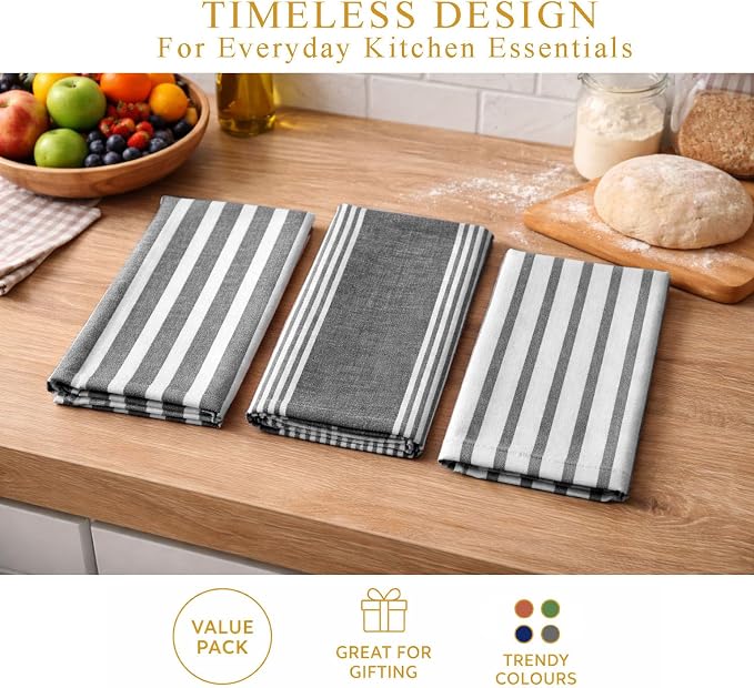 Pack of 6 Cotton Kitchen Towels Set, Dish Towels, Cleaning Rags, Kitchen Dish Cloths for Washing Dishes, Cotton Cleaning Cloths, Ultra Soft, Lightweight & Quick Dry, Slub Weave, 28" x 18" (Gray)