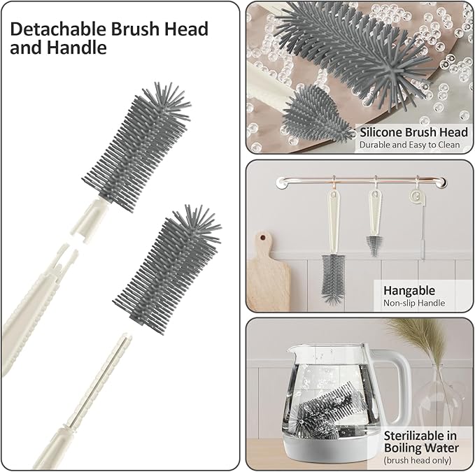 6 in 1 Cleaning Brush Set with Silicone Bottle, Nipple, Straw, Soap Dispenser, Drying Rack for Baby and Water Bottles, Space Saving Essentials for Home and Travel