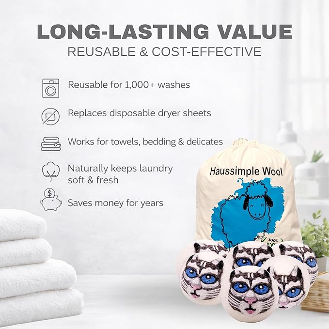 Wool Dryer Balls 6-Pack 100% Natural New Zealand Wool, Handmade in Nepal Reusable Laundry Balls, Faster Drying, Softer Clothes, Anti-Static, Dryer Sheets Alternative (Gray Cat)