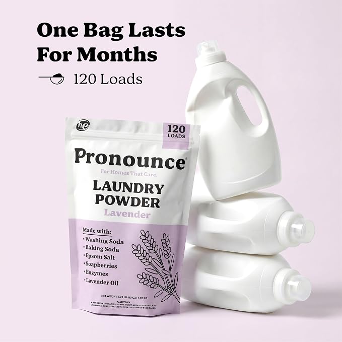 Pronounce Laundry Detergent Powder Alternative | Cleaner Ingredients. Safer for Sensitive Skin. Stain + Smell Fighting. With Essential Oils. HE Safe (Lavender, 120 Loads).