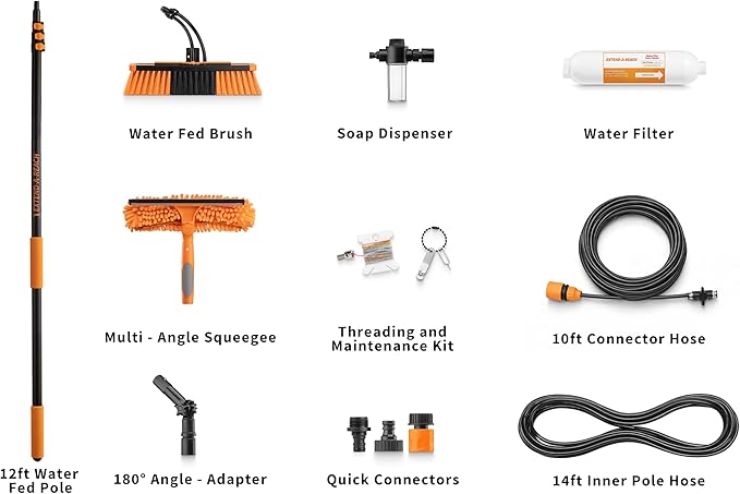 4-12 ft Water Fed Pole Window Cleaning System // Professional Telescopic Solar Panel Cleaning Equipment // Water Fed Brush with Upper Rinse Bar, 10" Squeegee, Water Filter, Soap Dispenser & Water Hose