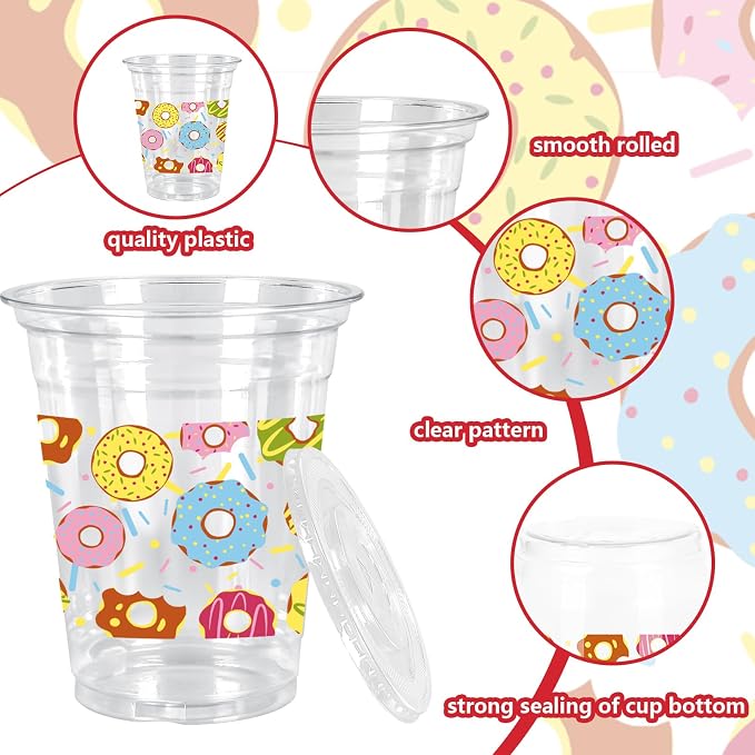 FYSUIMU 50Pcs 12Oz Donut Plastic Cups with Lids & Straws Sweet Doughnut Disposable Clear Drinking Cups for Summer Birthday Baby Shower Party Supplies