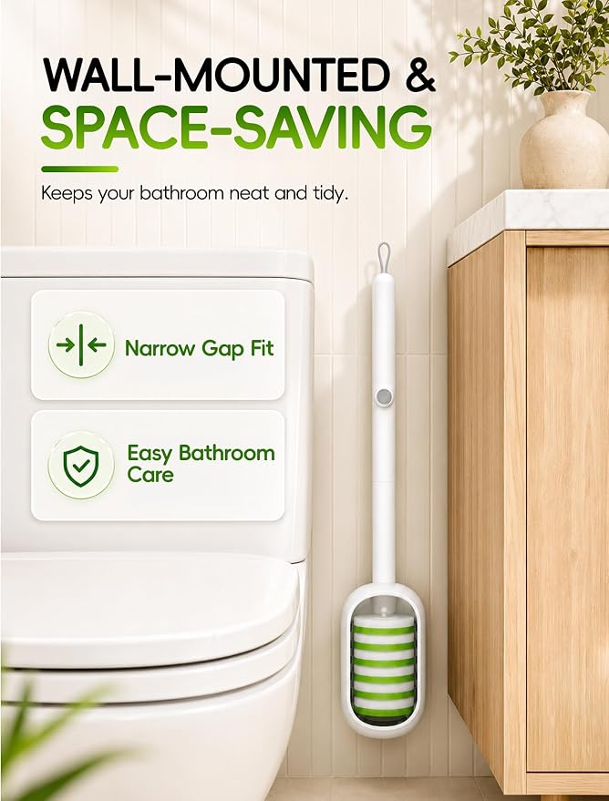 Disposable Toilet Bowl Cleaner Wand System with Green Refill Heads, Wall Mount Toilet Brush and Holder Set for Bathroom Cleaning (36 Refills)