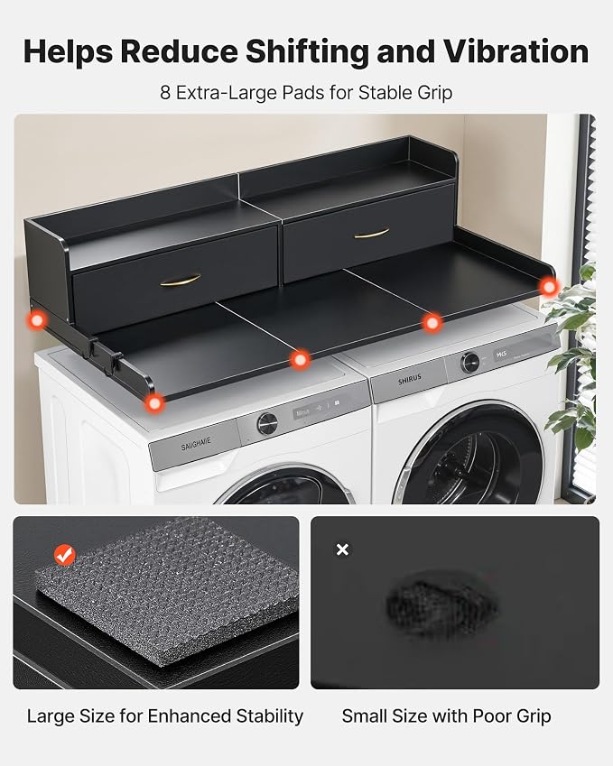 VEVOR 2 Drawers Washer Dryer Countertop with Shelf, 54" x 27" Wooden Laundry Countertop with 2 Hooks & Splicing Panels, Washer and Dryer Topper, Laundry Room Organization and Storage, Black