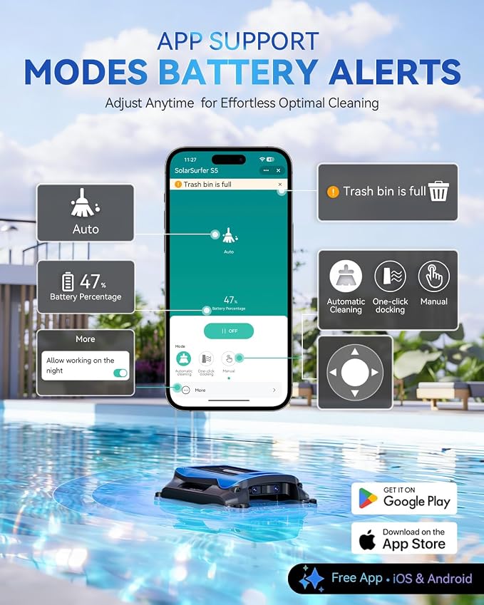 24/7 Solar Powered Pool Skimmer Robot with APP Support, Automatic Electric Floating Surface Cleaner for Above Ground & Inground Pools, Auto Robotic Pool Skimmer Bluetooth Control（Blue）